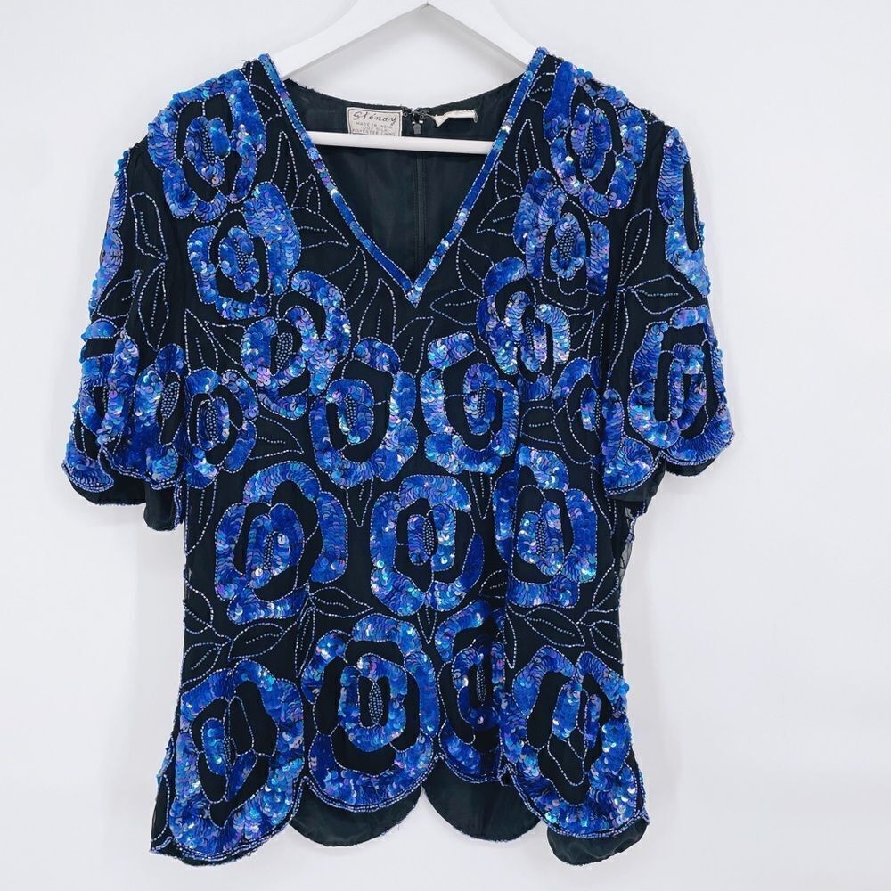 Vintage Sténay Silk Sequin 80's Party Top‎ Sz XL